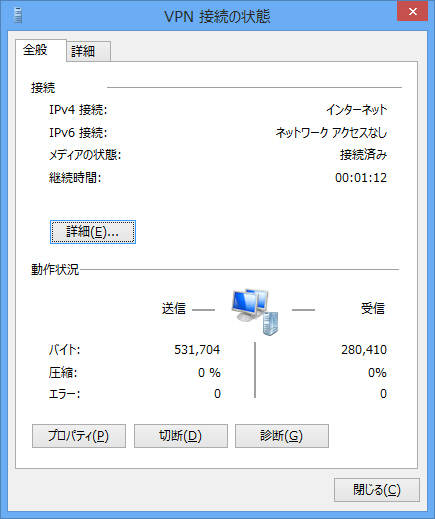 Windows 8 の SSTP 機能から PacketiX VPN Server 4.0 に接続中の画面